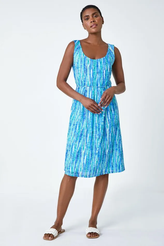 Women Blue Abstract Pleat Detail Dress Roman Dresses