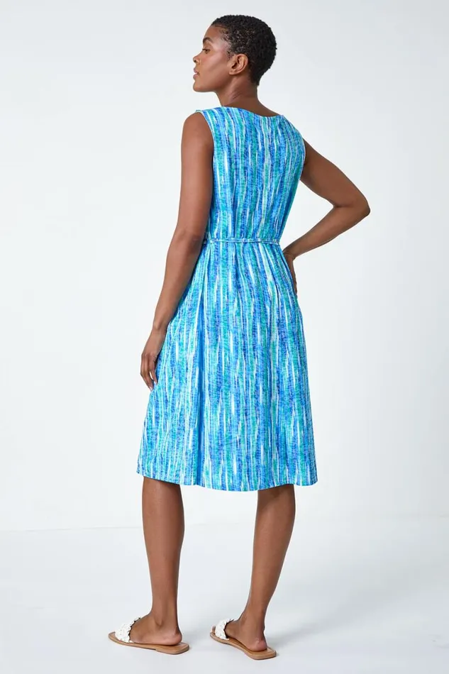 Women Blue Abstract Pleat Detail Dress Roman Dresses