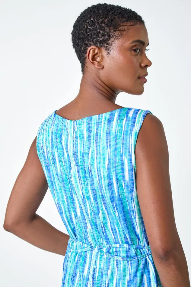 Women Blue Abstract Pleat Detail Dress Roman Dresses