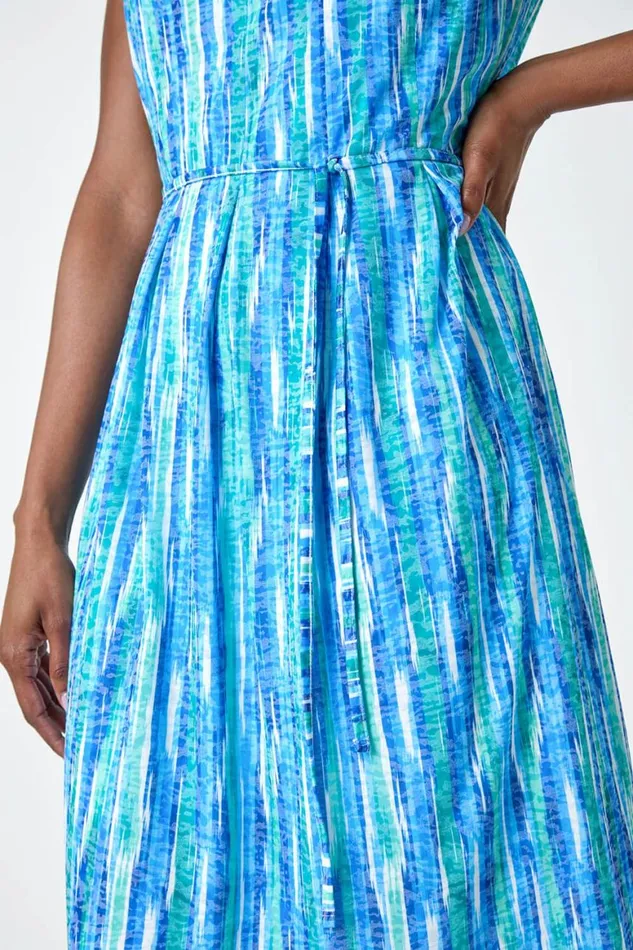 Women Blue Abstract Pleat Detail Dress Roman Dresses