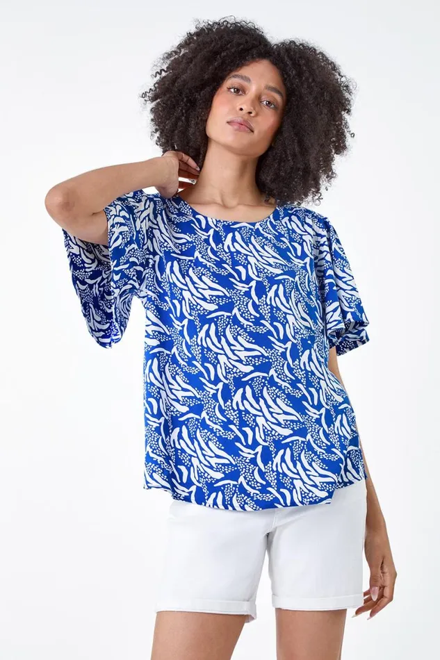 Women Blue Abstract Print Flared Sleeve Top Roman Tops