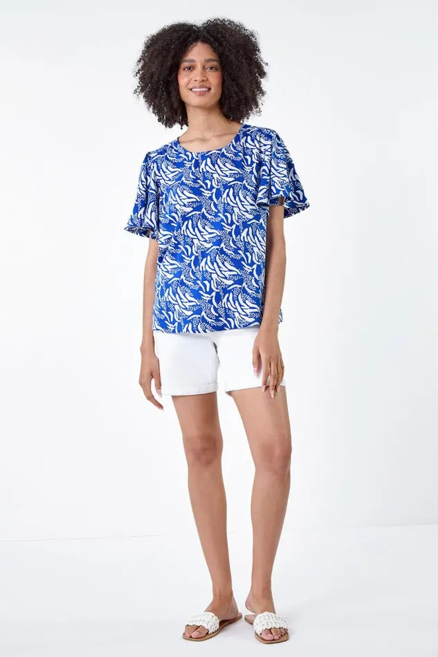 Women Blue Abstract Print Flared Sleeve Top Roman Tops