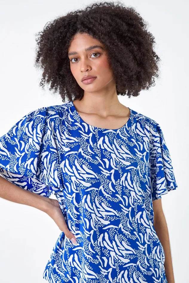 Women Blue Abstract Print Flared Sleeve Top Roman Tops