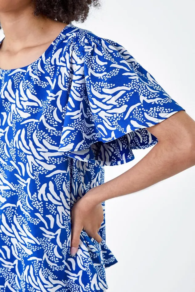Women Blue Abstract Print Flared Sleeve Top Roman Tops