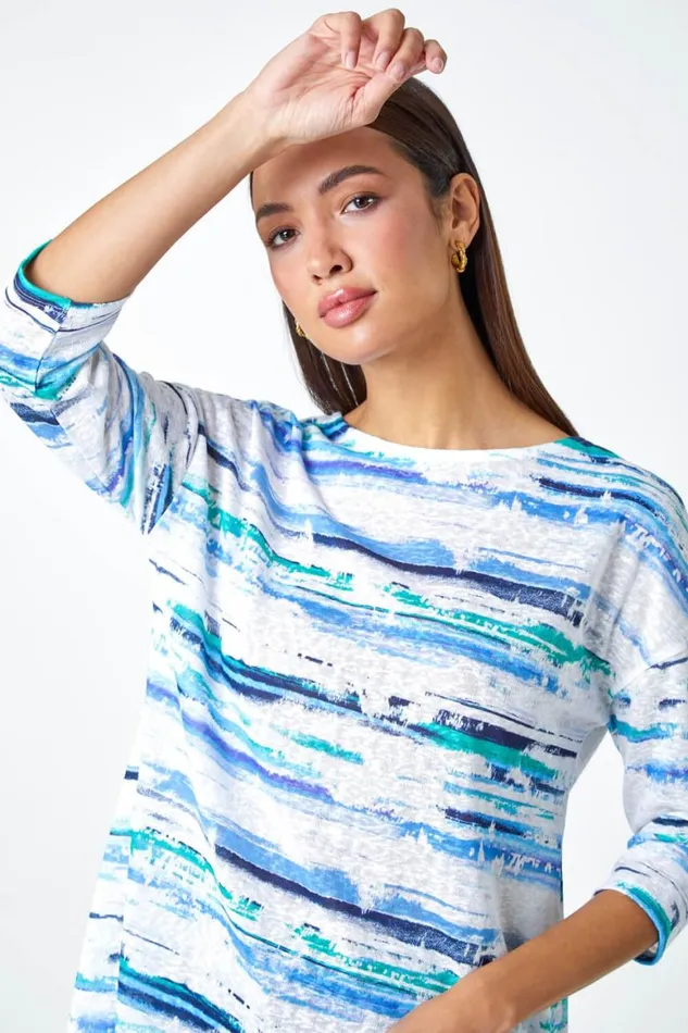Women Blue Abstract Stripe Hanky Hem Stretch Top Roman Tops