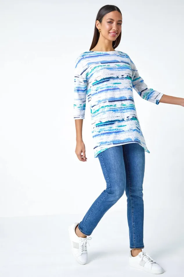 Women Blue Abstract Stripe Hanky Hem Stretch Top Roman Tops