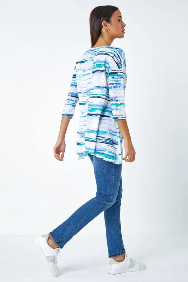 Women Blue Abstract Stripe Hanky Hem Stretch Top Roman Tops