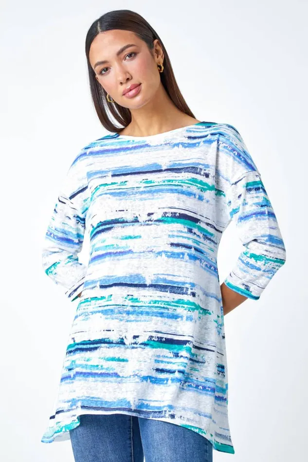 Women Blue Abstract Stripe Hanky Hem Stretch Top Roman Tops