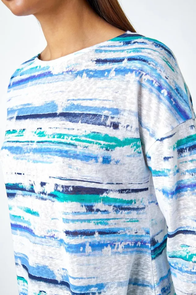 Women Blue Abstract Stripe Hanky Hem Stretch Top Roman Tops