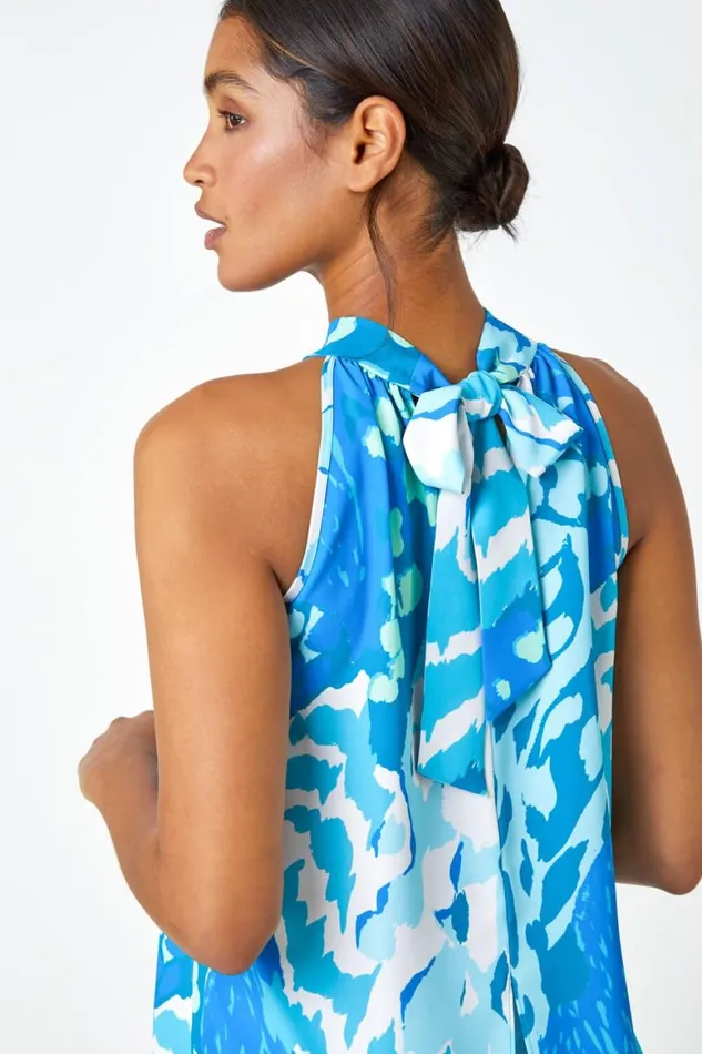 Women Blue Animal Print Halterneck Tie Detail Top Roman Tops