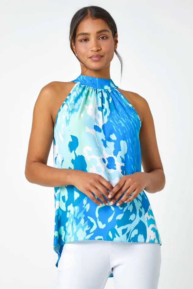 Women Blue Animal Print Halterneck Tie Detail Top Roman Tops