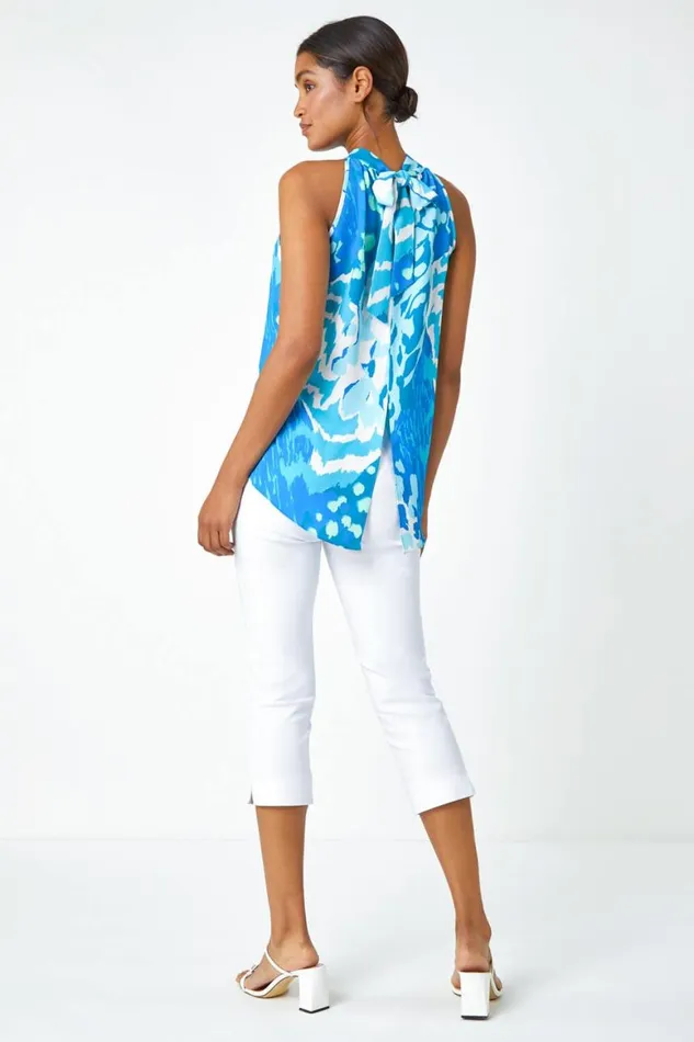 Women Blue Animal Print Halterneck Tie Detail Top Roman Tops