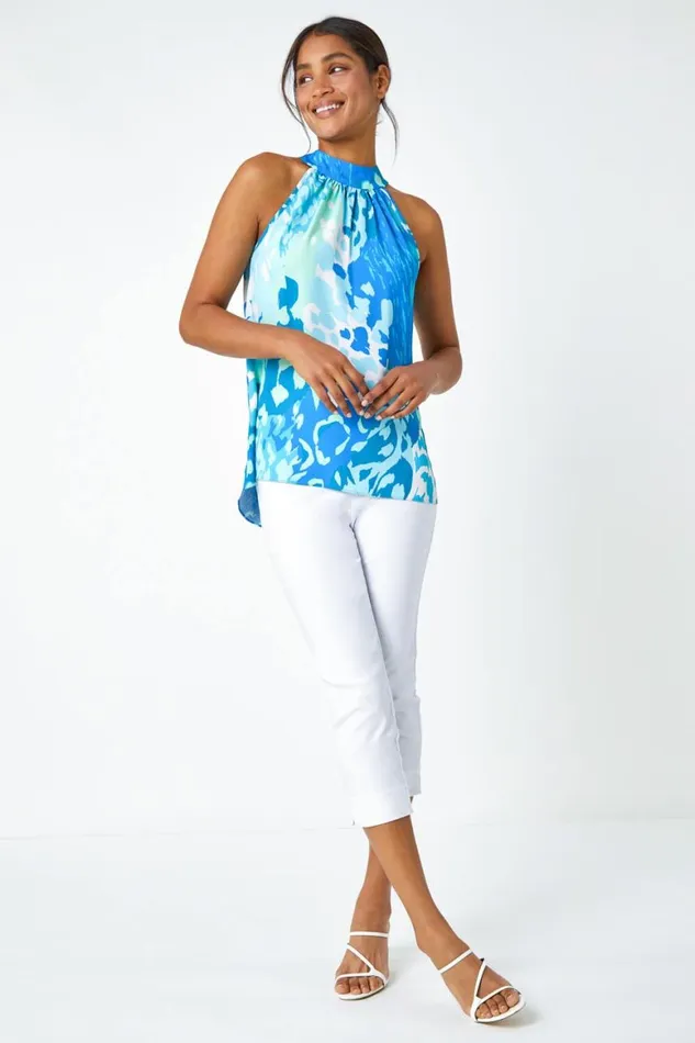 Women Blue Animal Print Halterneck Tie Detail Top Roman Tops