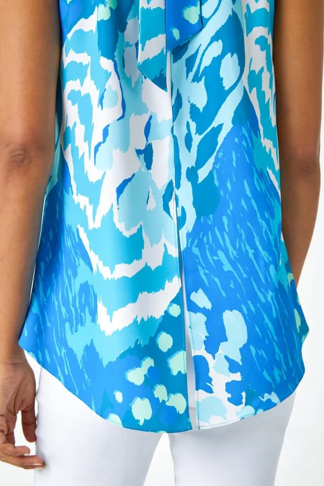 Women Blue Animal Print Halterneck Tie Detail Top Roman Tops