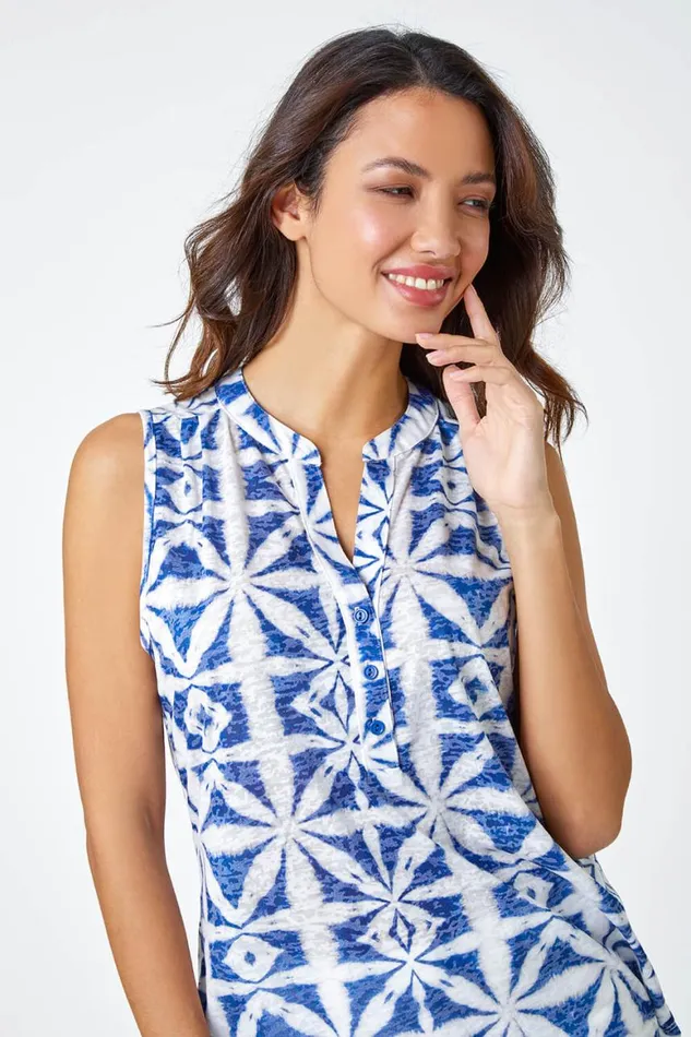 Women Blue Aztec Burnout Print Sleeveless VNeck Top Roman Tops