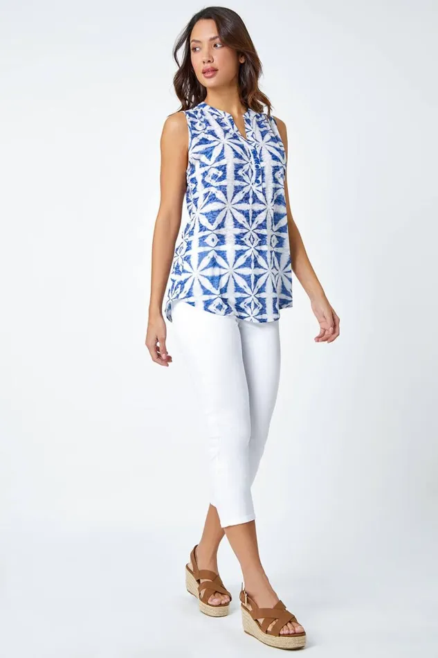 Women Blue Aztec Burnout Print Sleeveless VNeck Top Roman Tops