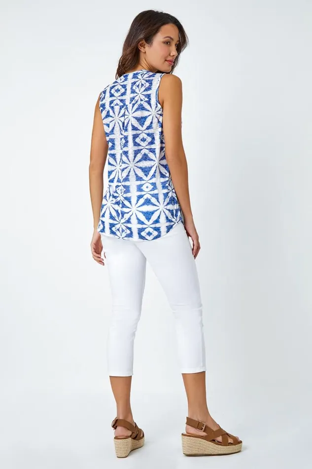 Women Blue Aztec Burnout Print Sleeveless VNeck Top Roman Tops