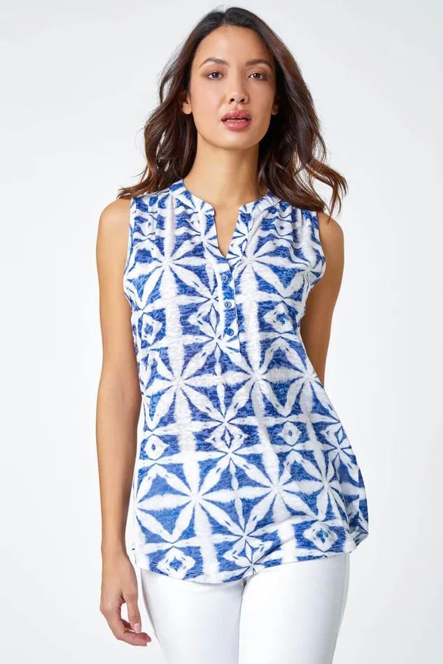 Women Blue Aztec Burnout Print Sleeveless VNeck Top Roman Tops