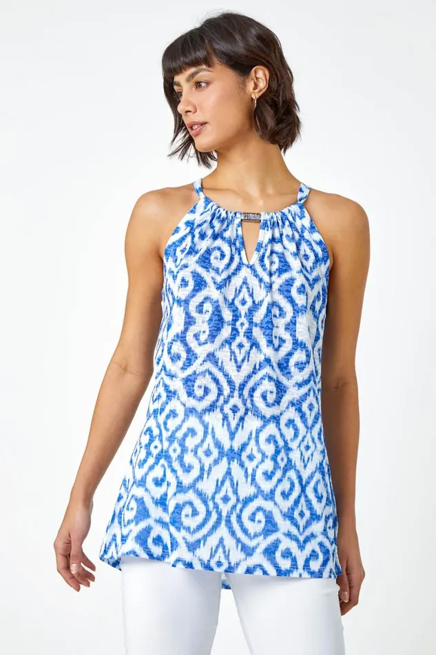 Women Blue Aztec Print Halter Neck Top Roman Tops