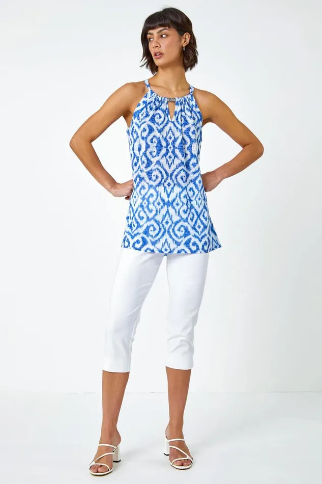 Women Blue Aztec Print Halter Neck Top Roman Tops