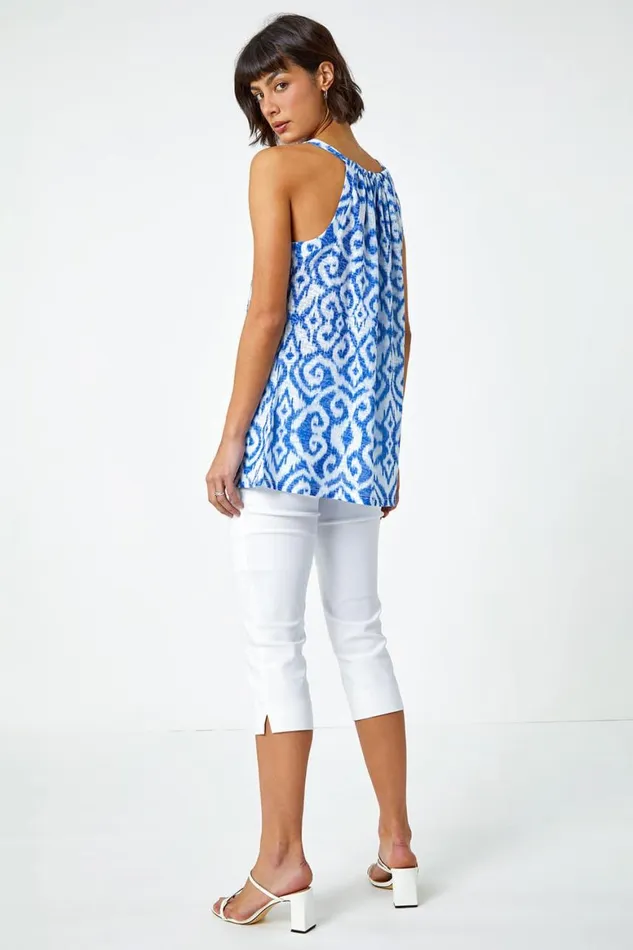 Women Blue Aztec Print Halter Neck Top Roman Tops