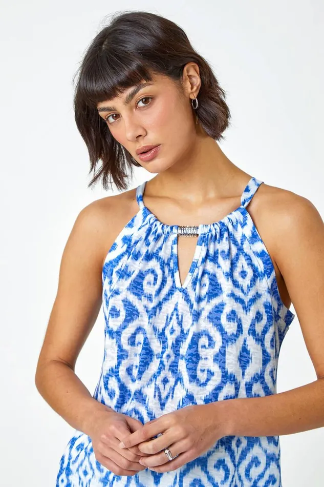 Women Blue Aztec Print Halter Neck Top Roman Tops