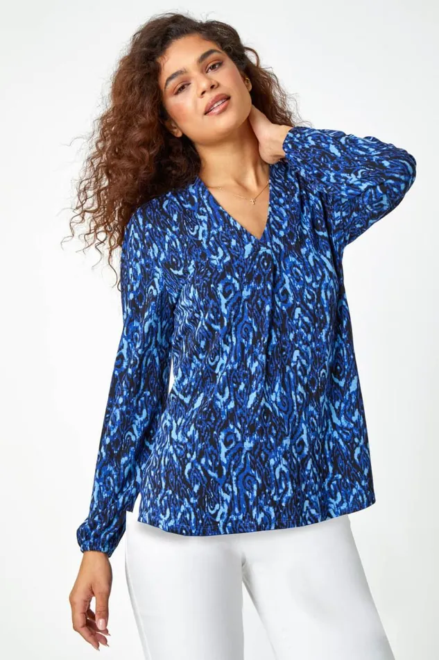 Women Blue Aztec Print Pleated VNeck Stretch Top Roman Tops