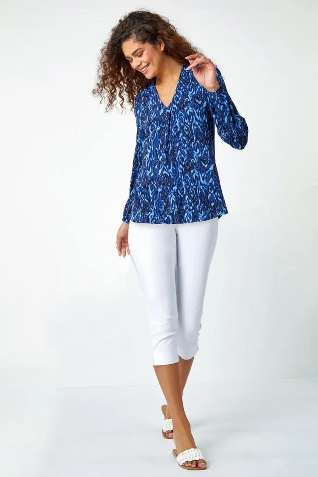 Women Blue Aztec Print Pleated VNeck Stretch Top Roman Tops