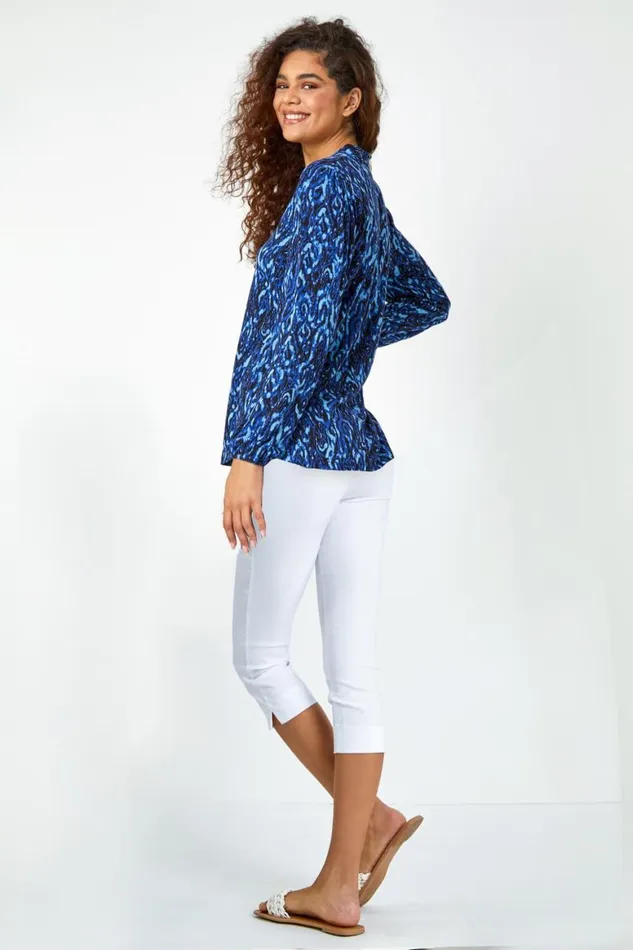 Women Blue Aztec Print Pleated VNeck Stretch Top Roman Tops