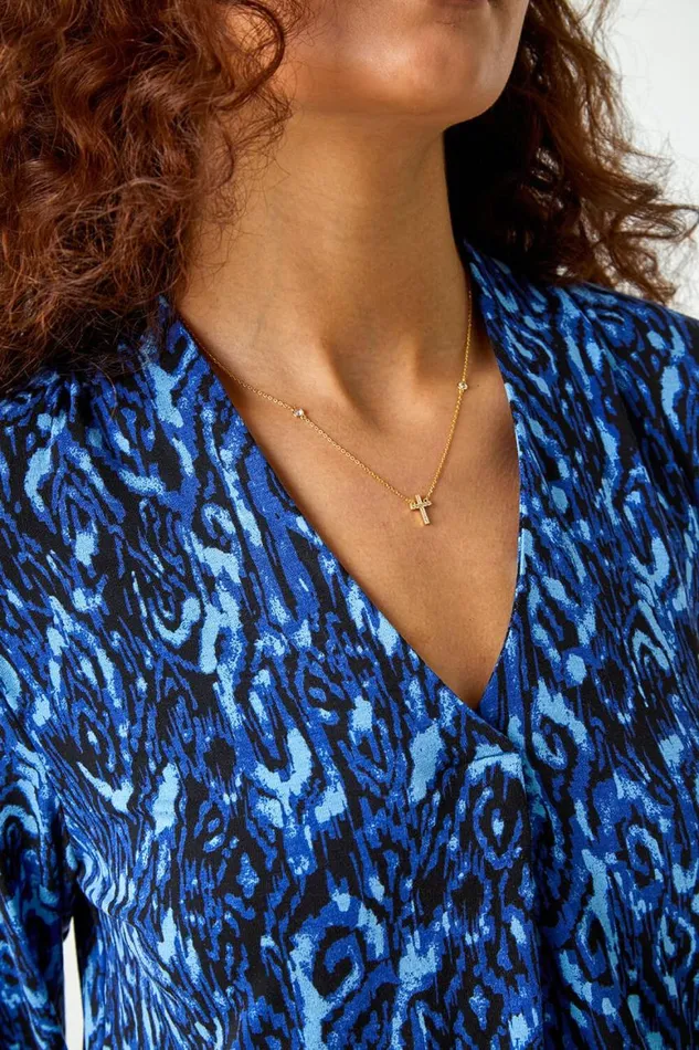 Women Blue Aztec Print Pleated VNeck Stretch Top Roman Tops
