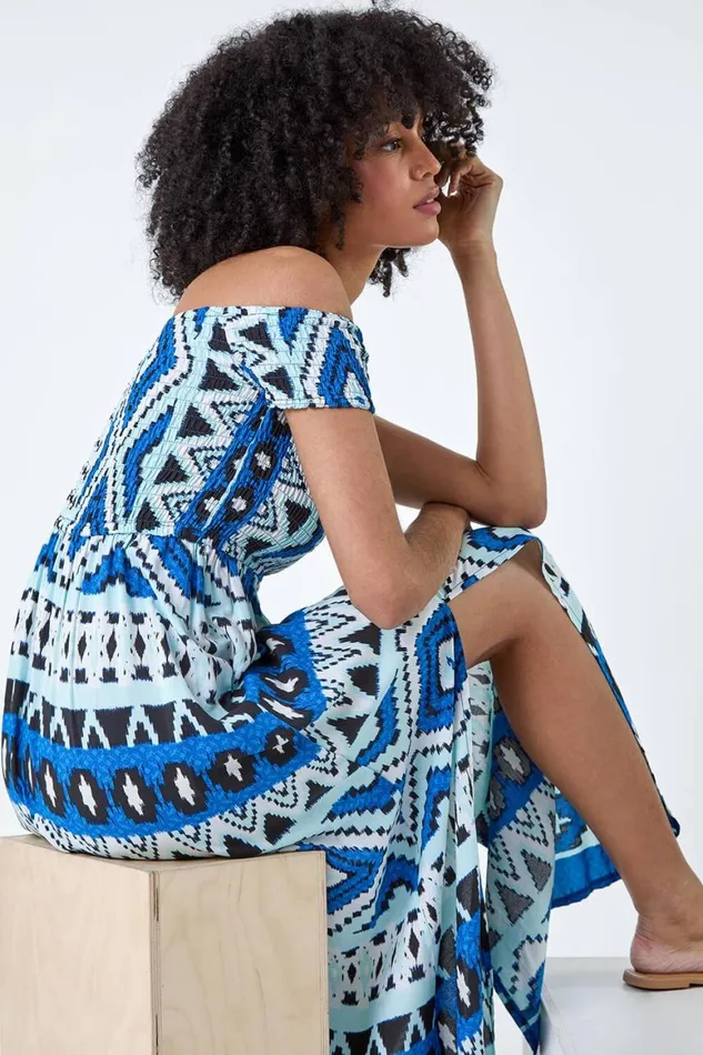 Women Blue Aztec Shirred Bardot Maxi Dress Roman Dresses