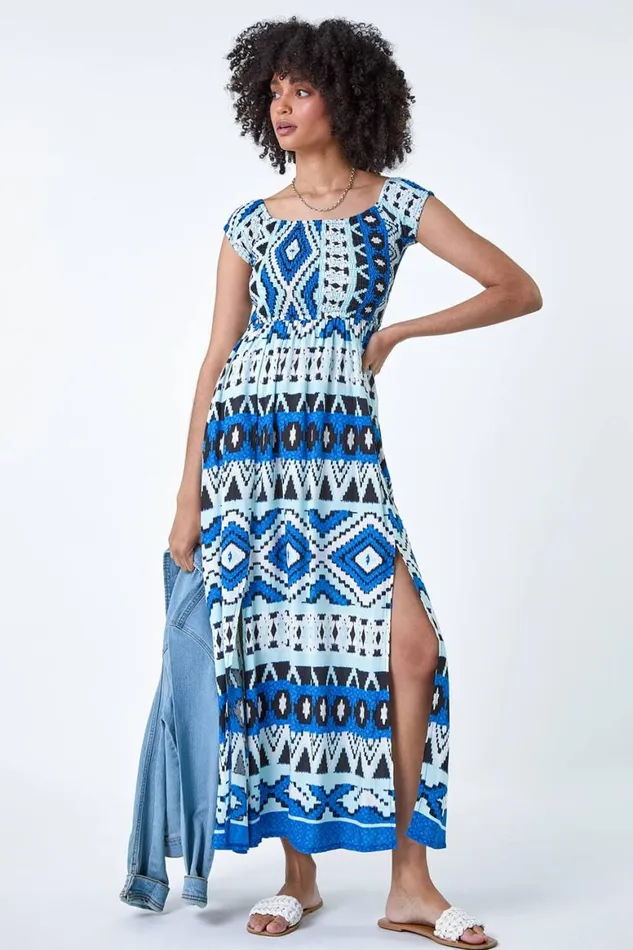 Women Blue Aztec Shirred Bardot Maxi Dress Roman Dresses