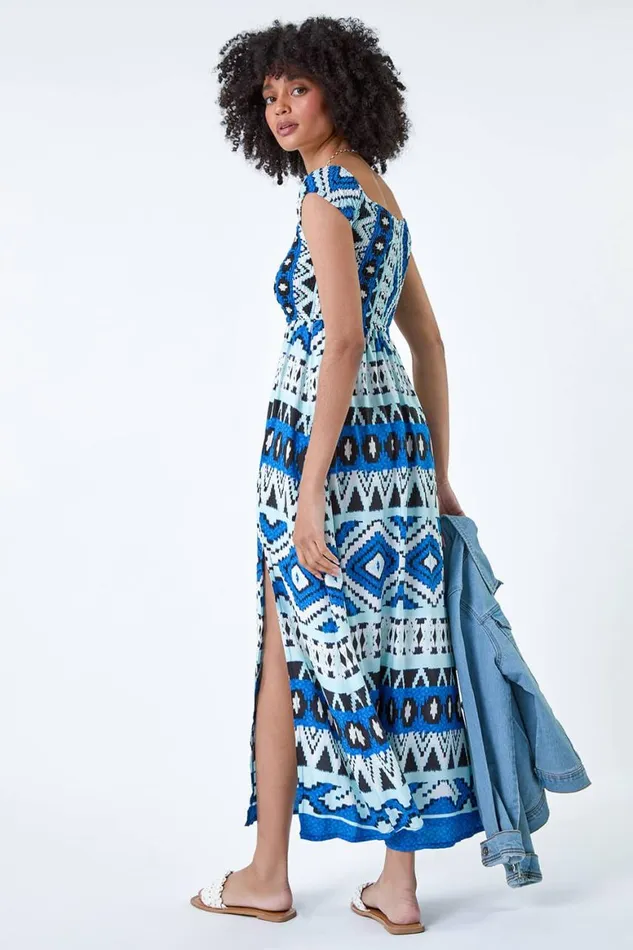 Women Blue Aztec Shirred Bardot Maxi Dress Roman Dresses