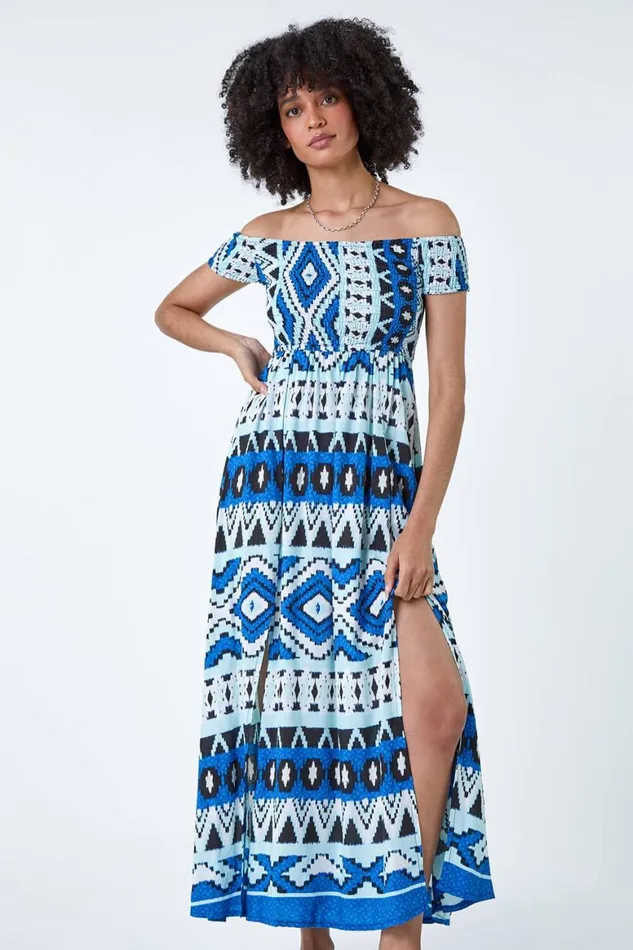 Women Blue Aztec Shirred Bardot Maxi Dress Roman Dresses