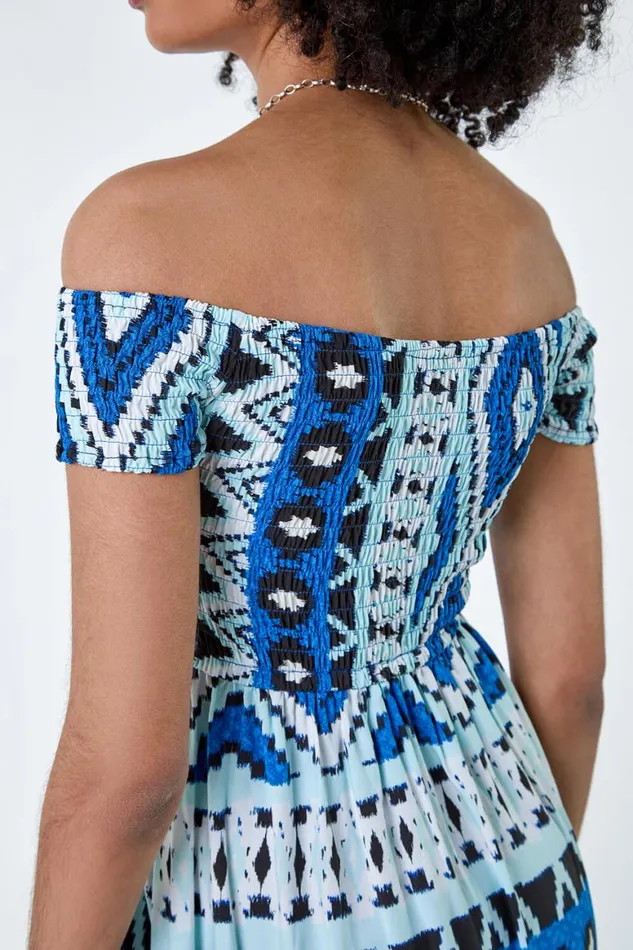 Women Blue Aztec Shirred Bardot Maxi Dress Roman Dresses