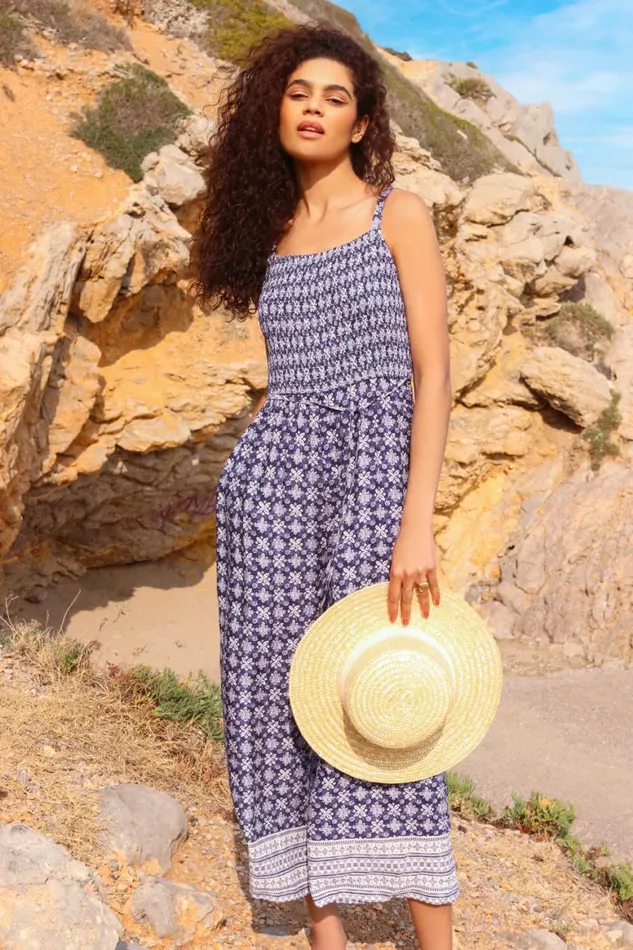 Women Blue Border Print Culotte Jumpsuit Roman Dresses