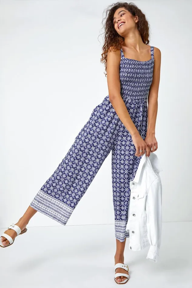 Women Blue Border Print Culotte Jumpsuit Roman Dresses
