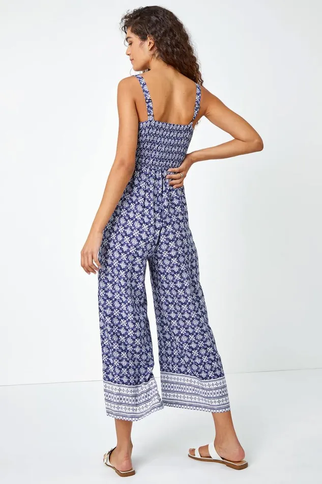 Women Blue Border Print Culotte Jumpsuit Roman Dresses