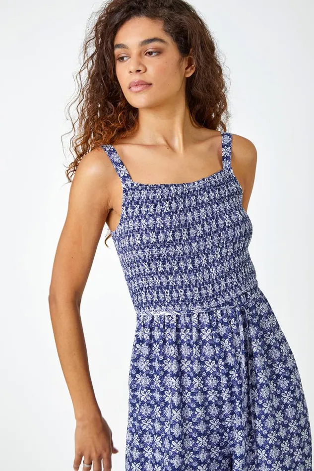 Women Blue Border Print Culotte Jumpsuit Roman Dresses
