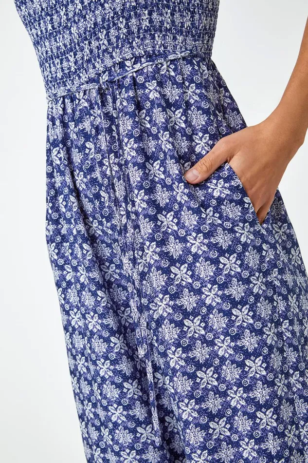 Women Blue Border Print Culotte Jumpsuit Roman Dresses