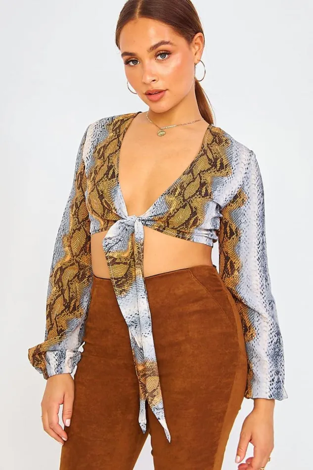 Women Blue Brown Python Print Wrap Top Brown Brentiny Paris Top And Tank Tops