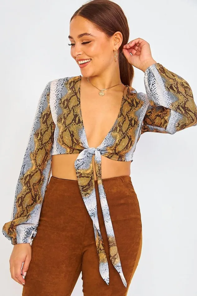 Women Blue Brown Python Print Wrap Top Brown Brentiny Paris Top And Tank Tops Women Blue Brown Python Print Wrap Top Brown Brentiny Paris Top And Tank Tops
