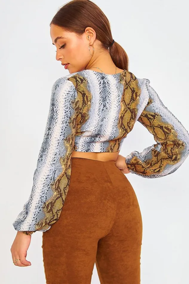 Women Blue Brown Python Print Wrap Top Brown Brentiny Paris Top And Tank Tops Women Blue Brown Python Print Wrap Top Brown Brentiny Paris Top And Tank Tops