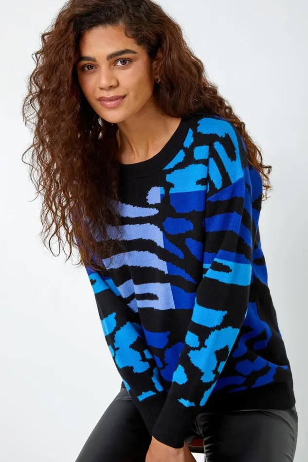 Women Blue Colour Block Animal Print Jumper Roman Knitwear
