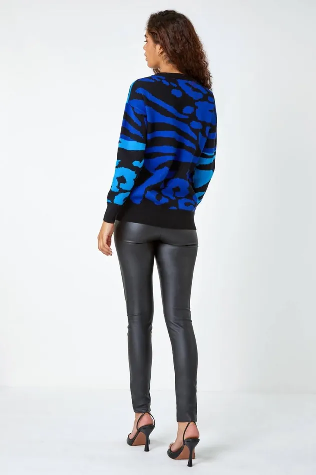 Women Blue Colour Block Animal Print Jumper Roman Knitwear