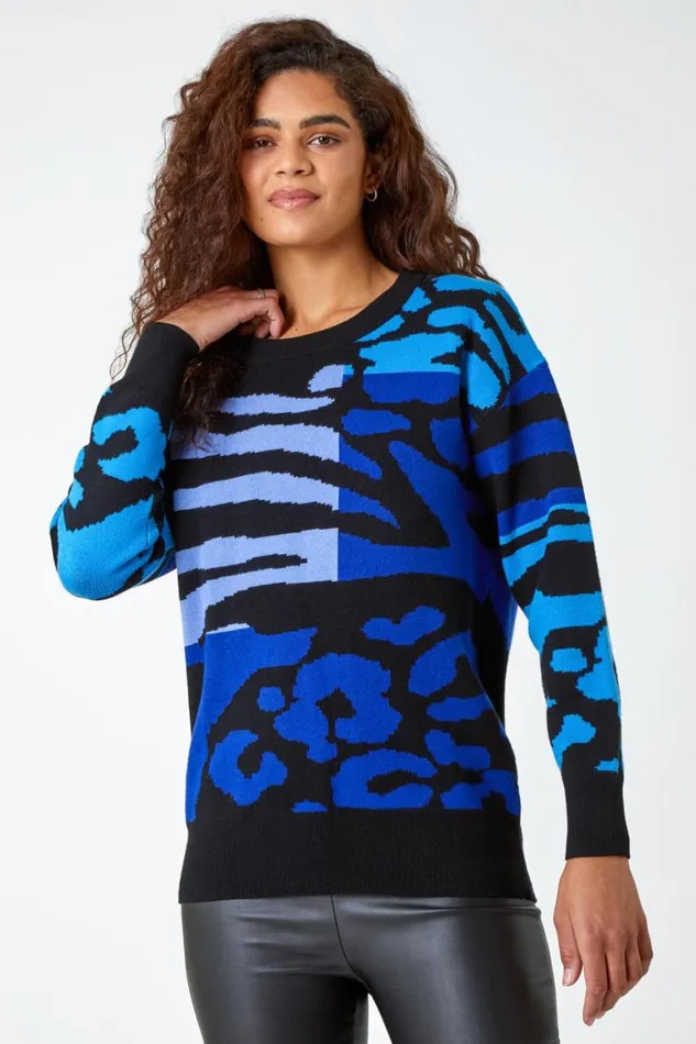 Women Blue Colour Block Animal Print Jumper Roman Knitwear