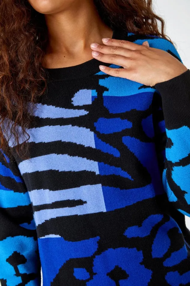 Women Blue Colour Block Animal Print Jumper Roman Knitwear