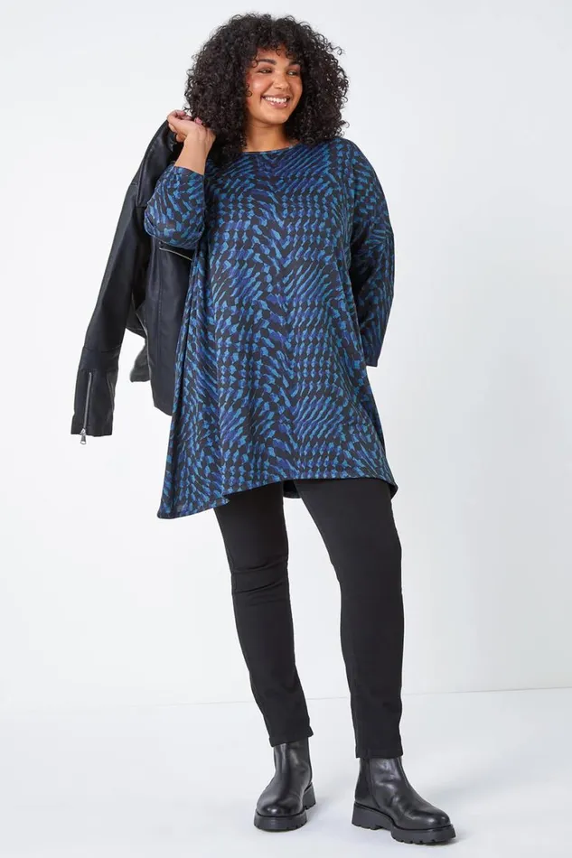 Women Blue Curve Abstract Print Stretch Tunic Top Roman Tops