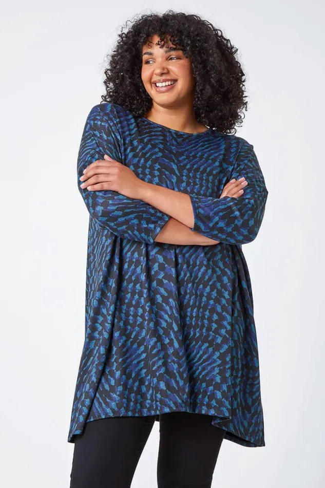 Women Blue Curve Abstract Print Stretch Tunic Top Roman Tops