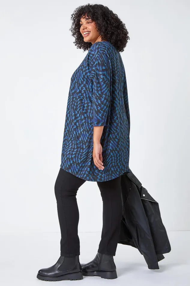 Women Blue Curve Abstract Print Stretch Tunic Top Roman Tops